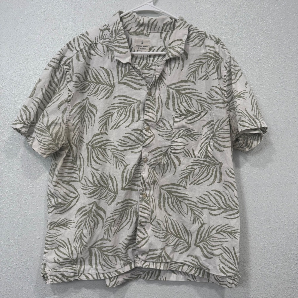 Mutual Weave Mens XXL White Green Tropical Palm‎ Leaf Cotton Button Down Shirt